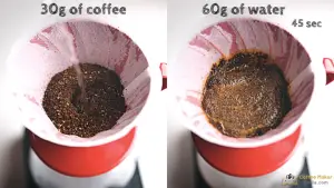 Place 30 grams of coffee and add 60 grams of water for 45 seconds
