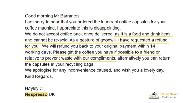 Email received from Nespresso UK