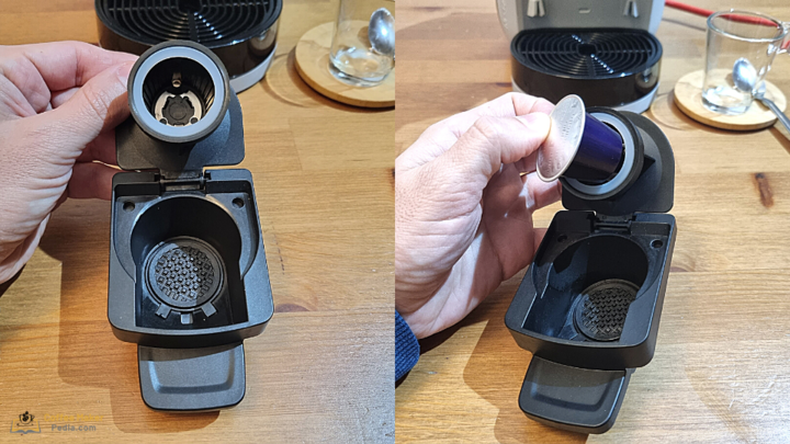 Open the adapter and insert the coffee pod